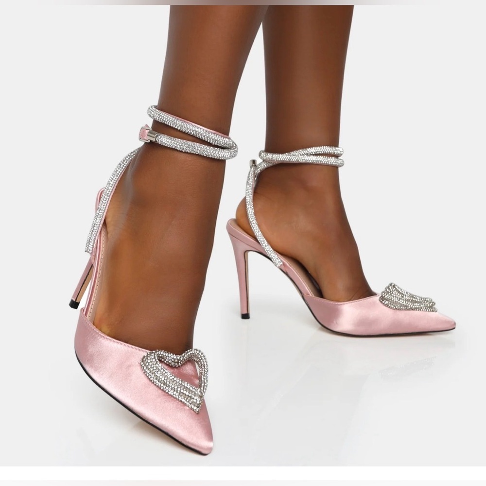 Liliana Pink Satin Heels with Heart Rhinestones